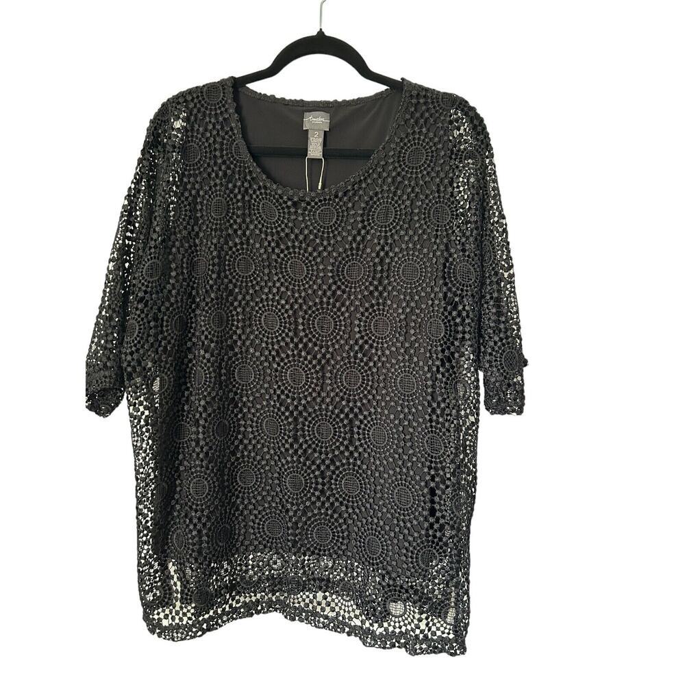 Chico's Travelers Collection Top Size 2 Medium Black Lace Overlay Short Sleeve